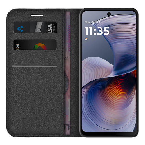 Leather Wallet Case & Card Holder Pouch for Motorola Moto G55 - Black