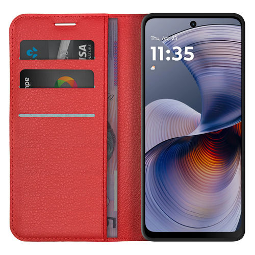 Leather Wallet Case & Card Holder Pouch for Motorola Moto G55 - Red