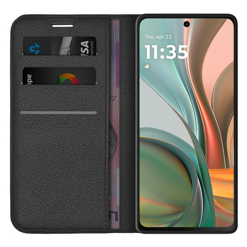 Leather Wallet Case & Card Holder Pouch for Motorola Moto G75 - Black