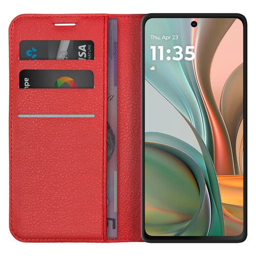 Leather Wallet Case & Card Holder Pouch for Motorola Moto G75 - Red