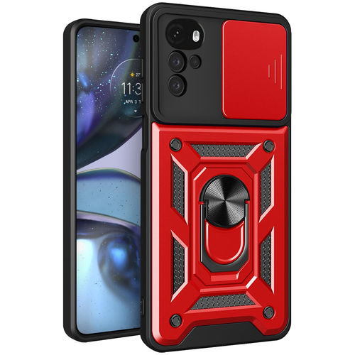 Heavy Duty Shockproof Case / Slide Camera Cover for Motorola Moto G22 - Red