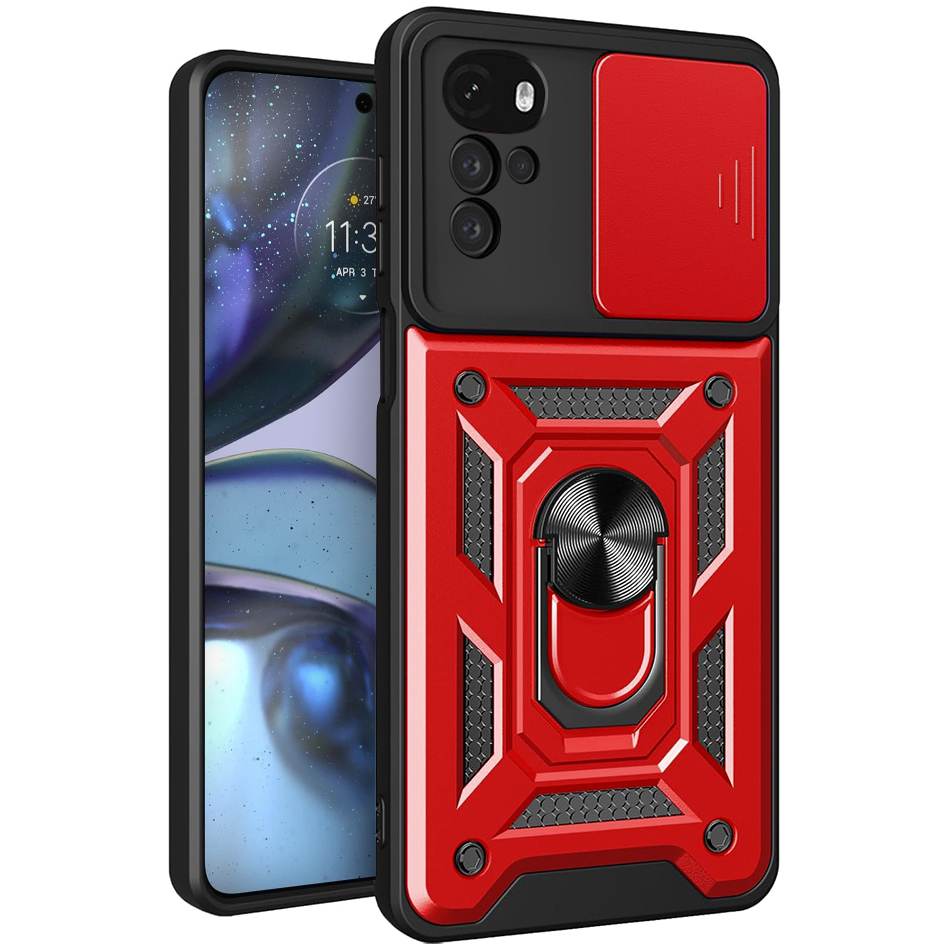 Heavy Duty Shockproof Case / Slide Camera Cover for Motorola Moto G22 - Red