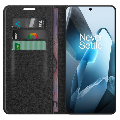 Leather Wallet Case & Card Holder Pouch for OnePlus 13 - Black