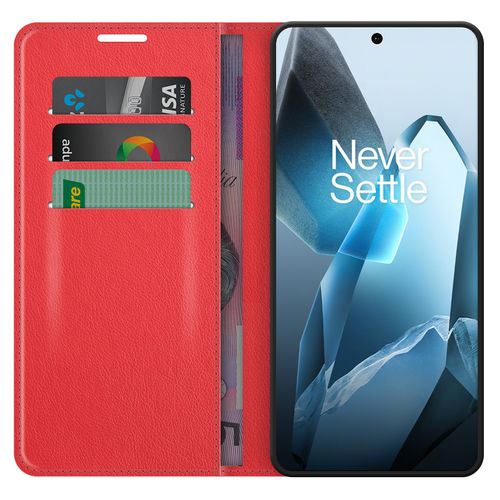 Leather Wallet Case & Card Holder Pouch for OnePlus 13 - Red