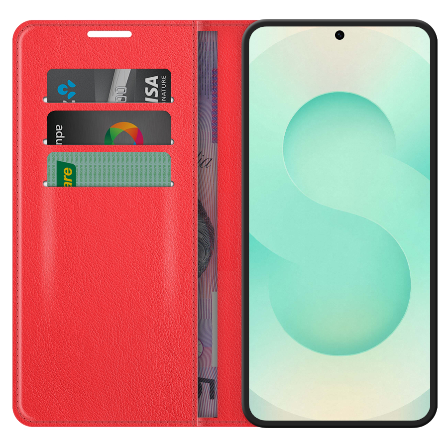 Leather Wallet Case & Card Holder Pouch for Samsung Galaxy S25 - Red