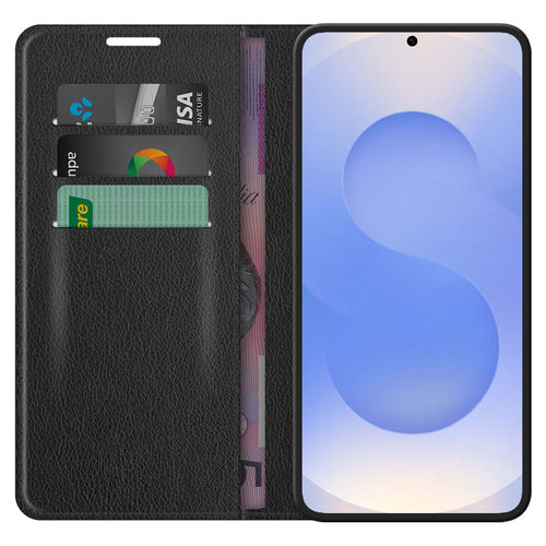 Leather Wallet Case & Card Holder Pouch for Samsung Galaxy S25+ (Black)