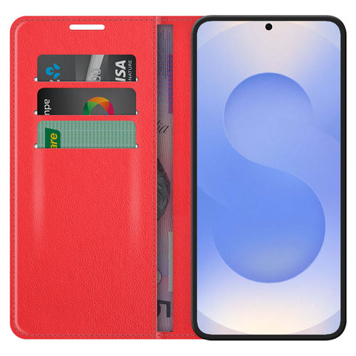 Leather Wallet Case & Card Holder Pouch for Samsung Galaxy S25+ (Red)