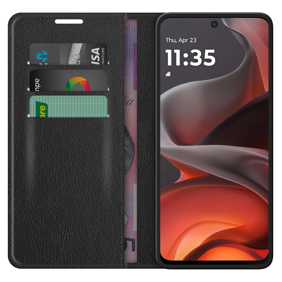 Leather Wallet Case & Card Holder Pouch for Motorola Moto G15 - Black