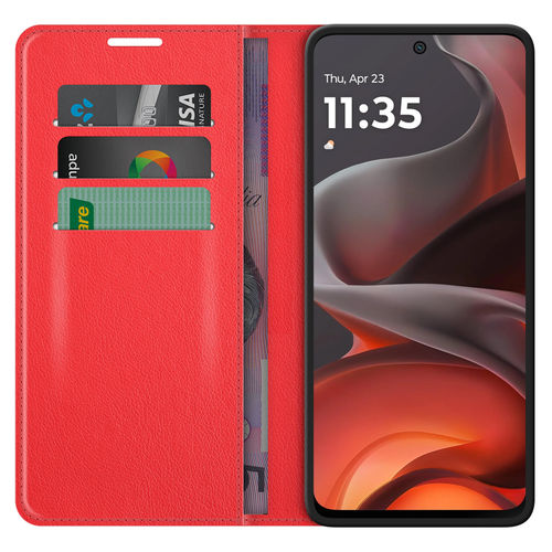 Leather Wallet Case & Card Holder Pouch for Motorola Moto G15 - Red