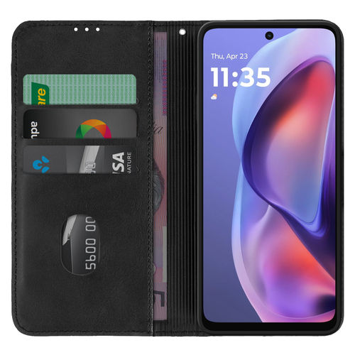 Leather Wallet Case & Card Holder Pouch for Motorola Moto G05 - Black