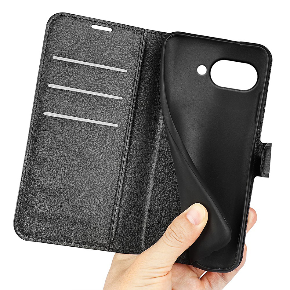 Leather Wallet Case & Card Holder Pouch for Google Pixel 9a - Black