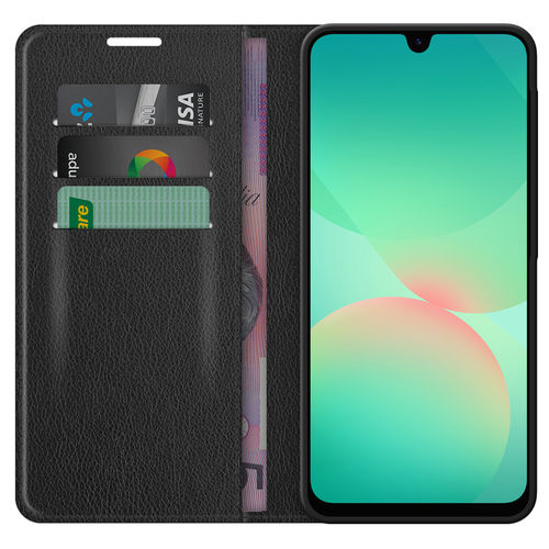 Leather Wallet Case & Card Holder Pouch for Samsung Galaxy A26 - Black