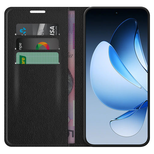 Leather Wallet Case & Card Holder Pouch for Oppo Reno13 - Black
