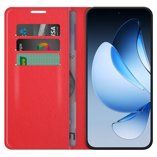 Leather Wallet Case & Card Holder Pouch for Oppo Reno13 - Red