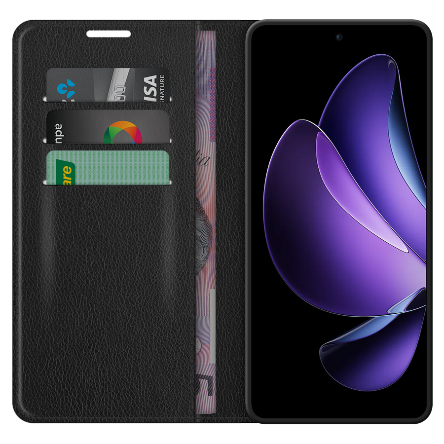 Leather Wallet Case & Card Holder Pouch for Oppo Reno13 F - Black