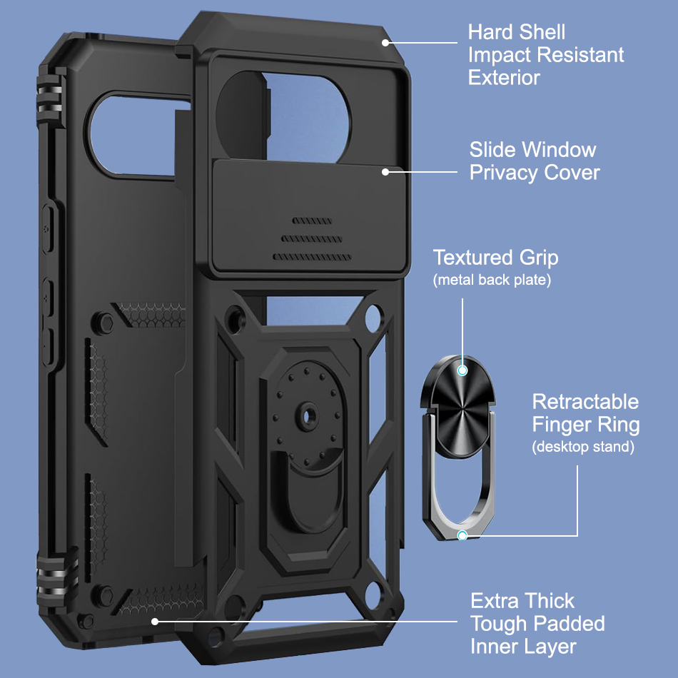 Heavy Duty Shockproof Case / Slide Camera Cover for Google Pixel 9a - Black