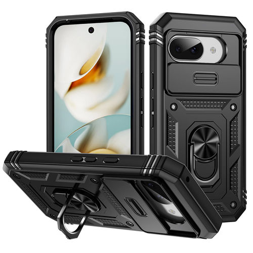 Heavy Duty Shockproof Case / Slide Camera Cover for Google Pixel 9a - Black