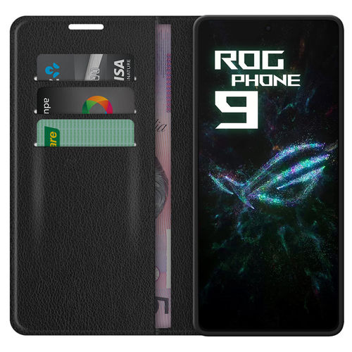 Leather Wallet Case & Card Holder Pouch for Asus ROG Phone 9 / 9 Pro - Black