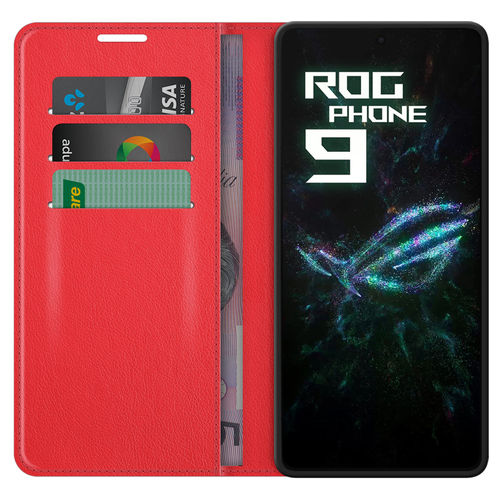 Leather Wallet Case & Card Holder Pouch for Asus ROG Phone 9 / 9 Pro - Red
