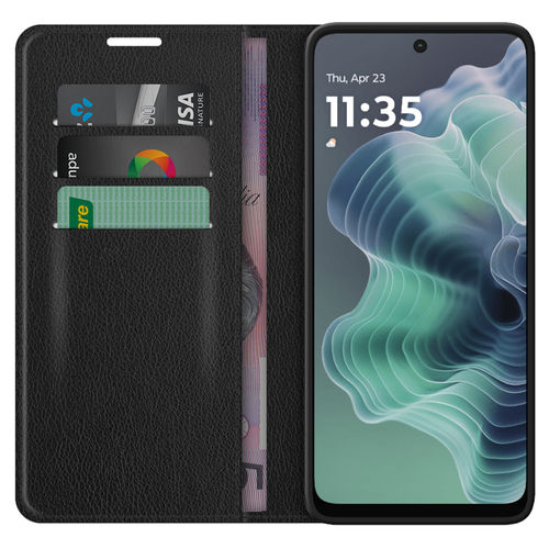 Leather Wallet Case & Card Holder Pouch for Motorola Moto G35 - Black