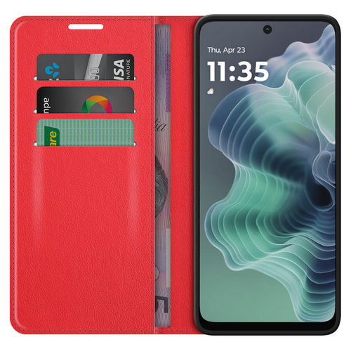 Leather Wallet Case & Card Holder Pouch for Motorola Moto G35 - Red