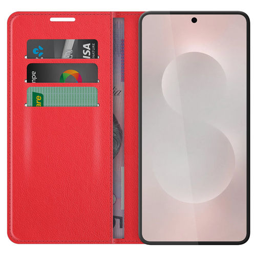 Leather Wallet Case & Card Holder Pouch for Samsung Galaxy S25 Edge - Red
