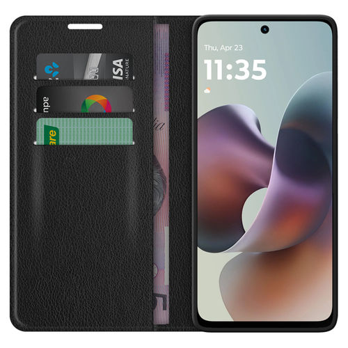 Leather Wallet Case & Card Holder Pouch for Motorola Moto G56 - Black