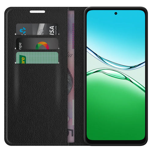 Leather Wallet Case & Card Holder Pouch for Oppo A5x 4G - Black