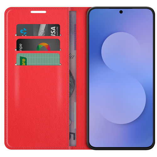 Leather Wallet Case & Card Holder Pouch for Samsung Galaxy S25 FE - Red