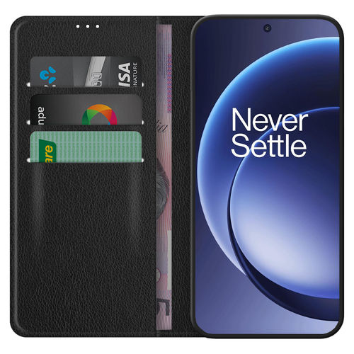 Leather Wallet Case & Card Holder Pouch for OnePlus 15 - Black