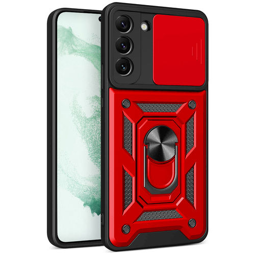 Heavy Duty Shockproof Case / Slide Camera Cover for Samsung Galaxy S22 - Red
