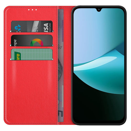 Leather Wallet Case & Card Holder Pouch for Xiaomi Redmi 15C - Red