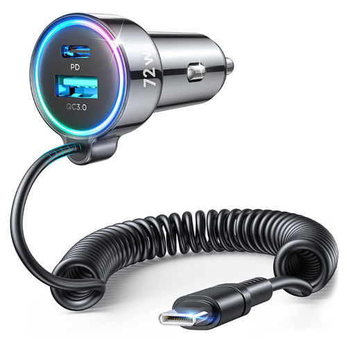 Joyroom (3-in-1) (72W) USB Type-C (PD) Car Charger / Coiled Retractable Cable (1.6m)
