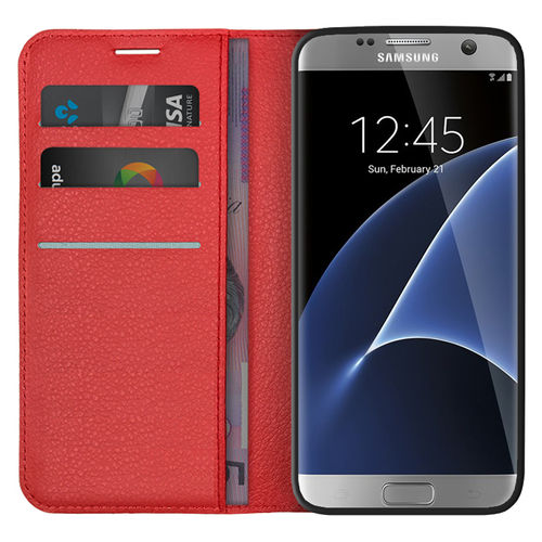 Leather Wallet Case & Card Holder Pouch for Samsung Galaxy S7 Edge - Red