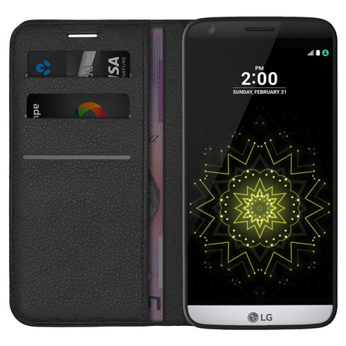 Leather Wallet Case & Card Holder Pouch for LG G5 - Black