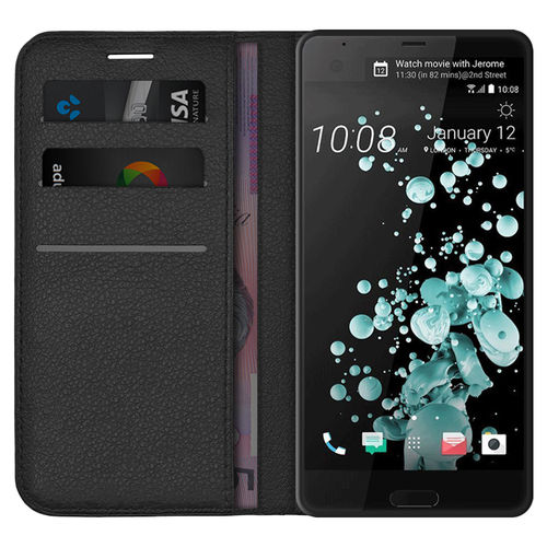 Leather Wallet Case & Card Holder Pouch for HTC U Ultra - Black