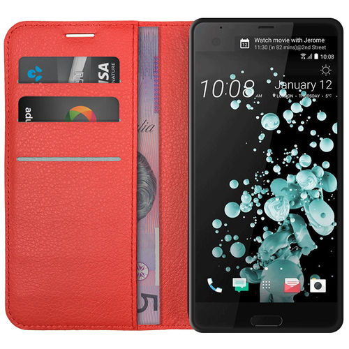 Leather Wallet Case & Card Holder Pouch for HTC U Ultra - Red