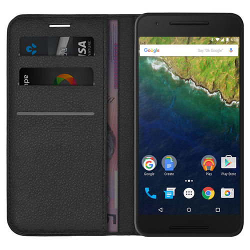 Leather Wallet Case & Card Holder Pouch for Google Nexus 6P - Black
