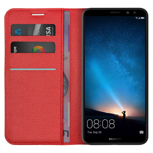 Leather Wallet Case & Card Holder Pouch for Huawei Nova 2i - Red