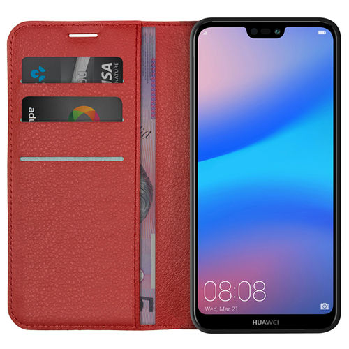 Leather Wallet Case & Card Holder Pouch for Huawei Nova 3e - Red