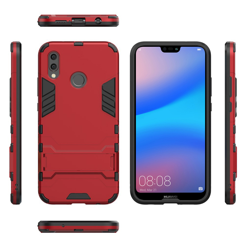 Slim Armour Tough Shockproof Case & Stand for Huawei Nova 3e - Red