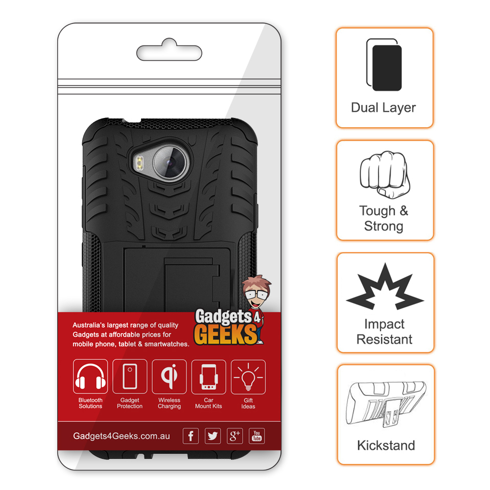 Dual Layer Rugged Tough Shockproof Case & Stand for Huawei Y3II - Black