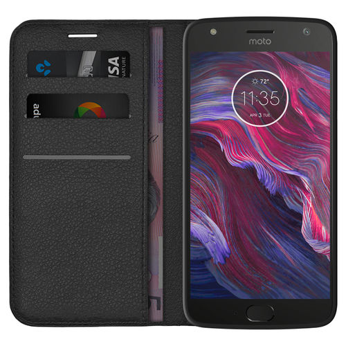 Leather Wallet Case & Card Holder Pouch for Motorola Moto X4 - Black