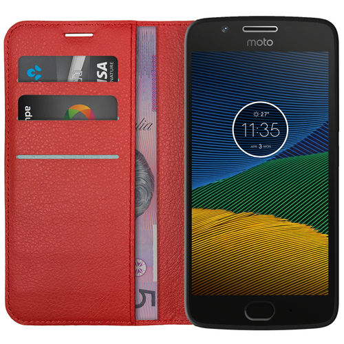 Leather Wallet Case & Card Holder Pouch for Motorola Moto G5 - Red
