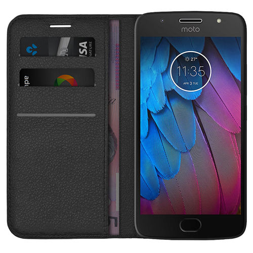 Leather Wallet Case & Card Holder Pouch for Motorola Moto G5S - Black