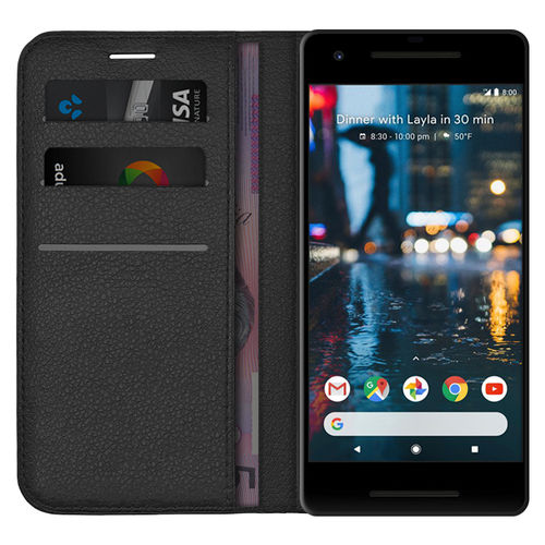 Leather Wallet Case & Card Holder Pouch for Google Pixel 2 - Black