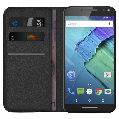 Leather Wallet Case & Card Holder Pouch for Motorola Moto X Style - Black