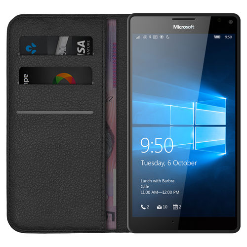Leather Wallet Case & Card Holder Pouch for Microsoft Lumia 950 XL - Black