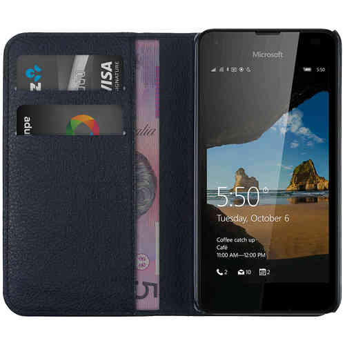 Leather Wallet Case & Card Holder Pouch for Microsoft Lumia 550 - Black