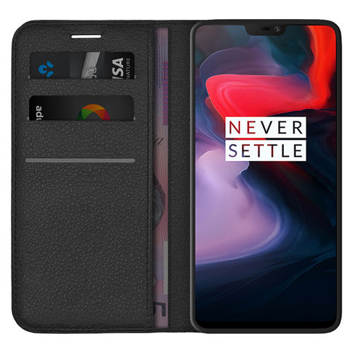 Leather Wallet Case & Card Holder Pouch for OnePlus 6 - Black